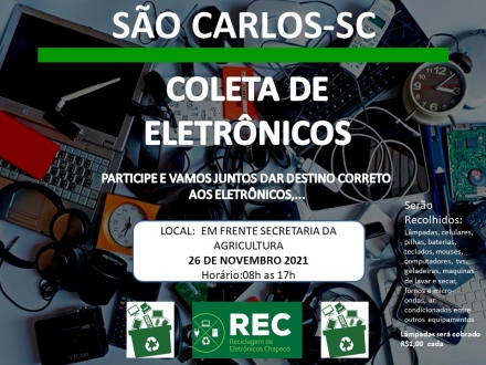 REC - Reciclagem Eletrônica de Chapecó Hoje foi o dia D São Carlos participar da Campanha REC de Recolhimento de residuos eletrônicos. Agradecemos aos nossos parceiros Prefeitura Municipal de São Carlos, CDL...